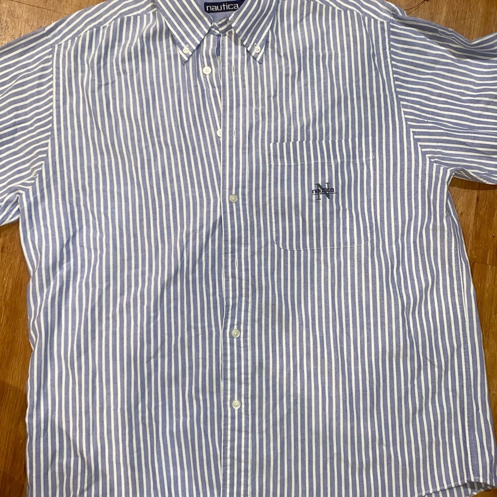 Nautica Blue and White Casual Button Down Shirt